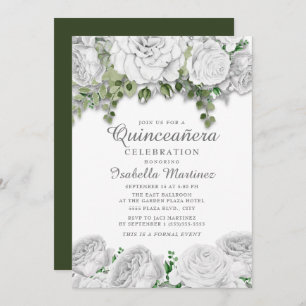 Modern Elegant White Floral Green Quinceañera Kaart