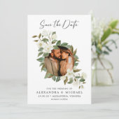 Modern Elegant White Floral Photo Save the Date (Staand voorkant)