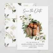 Modern Elegant White Floral Photo Save the Date (Voorkant / Achterkant)