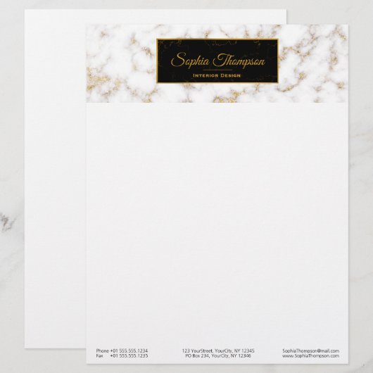 Modern Elegant White Gold Marble Name - Letterhead Briefhoofd (Voorkant / Achterkant)