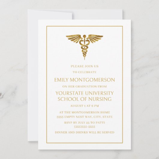 Modern Elegant White Gold Nursing School Afstudere Kaart (Voorkant)