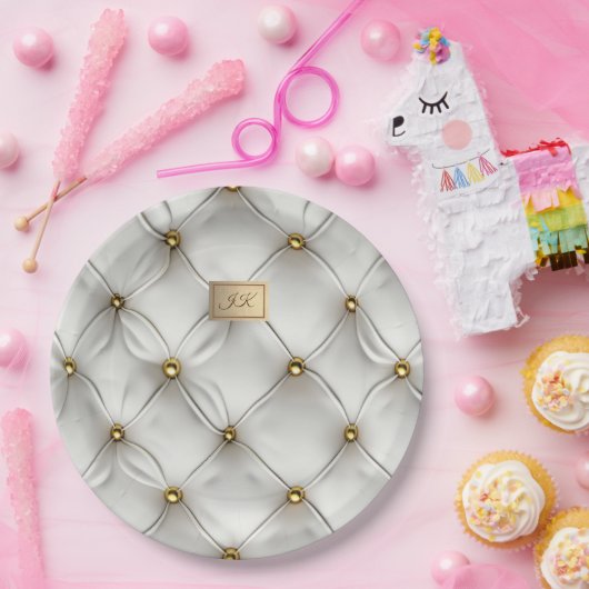 Modern Elegant White Leather Tufted Gold Papieren Bordje (Feest)