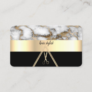 Modern Elegant White Marble Black, Gold, Scissors Visitekaartje