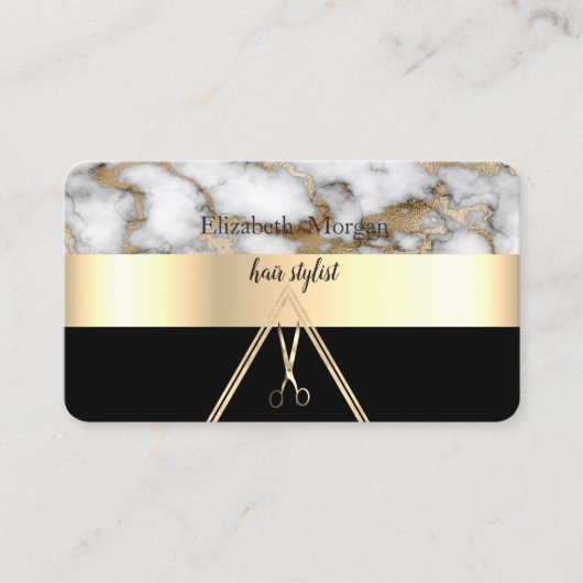 Modern Elegant White Marble Black, Gold, Scissors Visitekaartje (Voorkant)