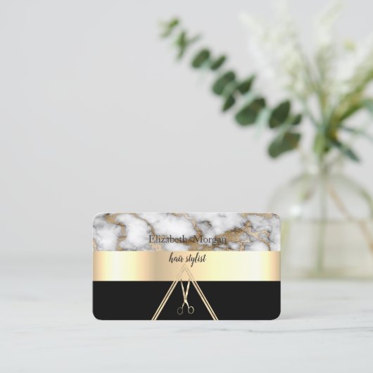 Modern Elegant White Marble Black, Gold, Scissors Visitekaartje (Staand voorkant)