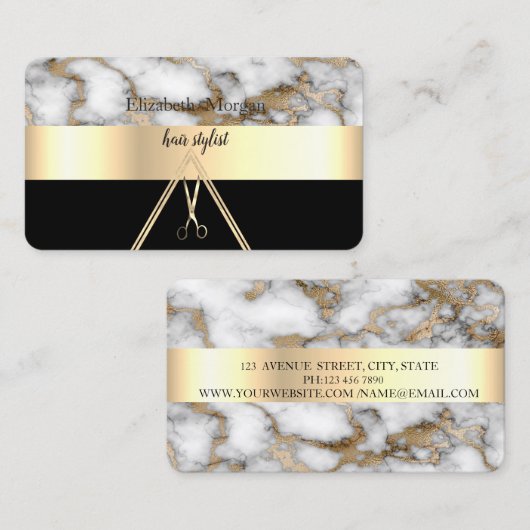 Modern Elegant White Marble Black, Gold, Scissors Visitekaartje (Voorkant / Achterkant)
