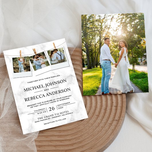 Modern Elegant White Marble Photo Collage Wedding Kaart