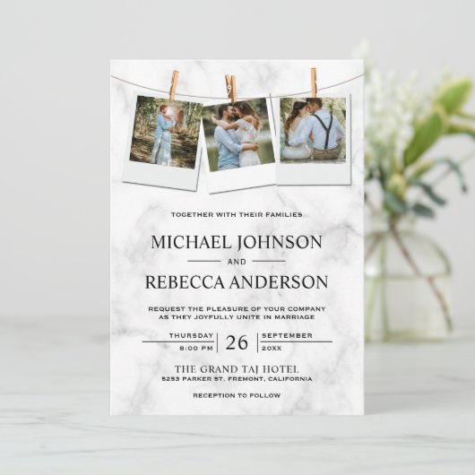 Modern Elegant White Marble Photo Collage Wedding Kaart (Staand voorkant)