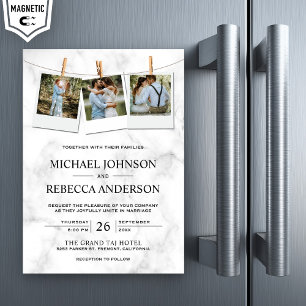 Modern Elegant White Marble Photo Collage Wedding Magnetische Uitnodiging