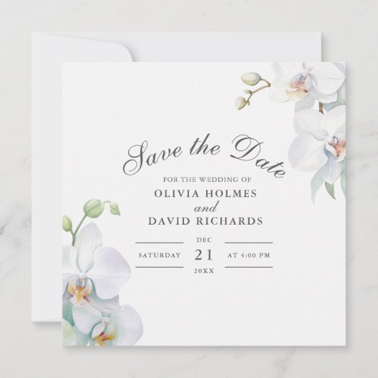 Modern Elegant White Orchid Save the Date Kaart (Voorkant)
