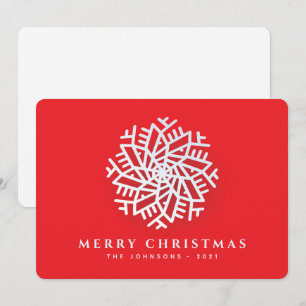 Modern Elegant White Snow Flake on Red Feestdagenkaart