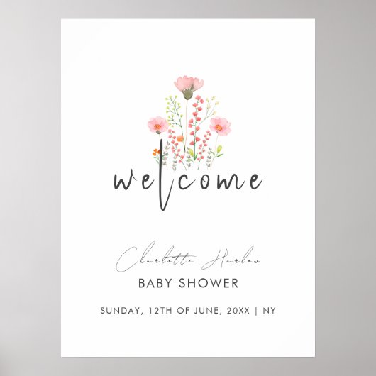 Modern Elegant Wildflower Baby shower Welkom Poster (Voorkant)