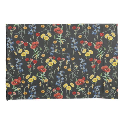 Modern Elegant Wildflower Poppy Daisy Zwart Kussensloop (Voorkant-Rechts)