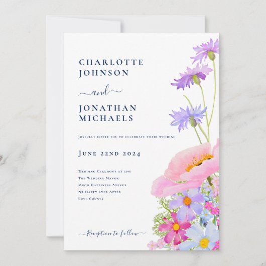 Modern Elegant Wildflower Waterverf Bruiloft Kaart (Voorkant)