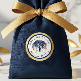 Modern Elegant Willow Tree Navy Blauw Goud Bruilof Ronde Sticker