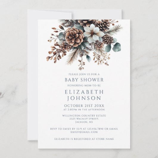 Modern Elegant Winter Floral Pinecone Baby shower Kaart (Voorkant)