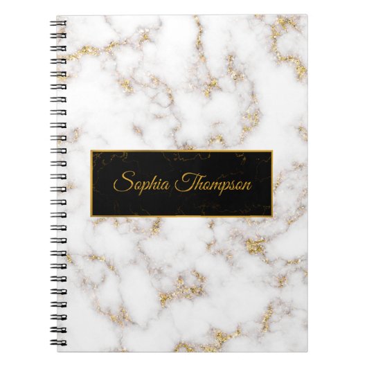 Modern Elegant Wit Goud Marmeren Naam - Notitieboe Notitieboek (Voorkant)