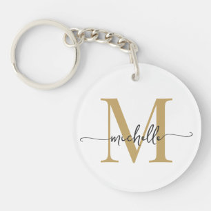 Modern Elegant Wit Goud Monogram Naam Script Sleutelhanger