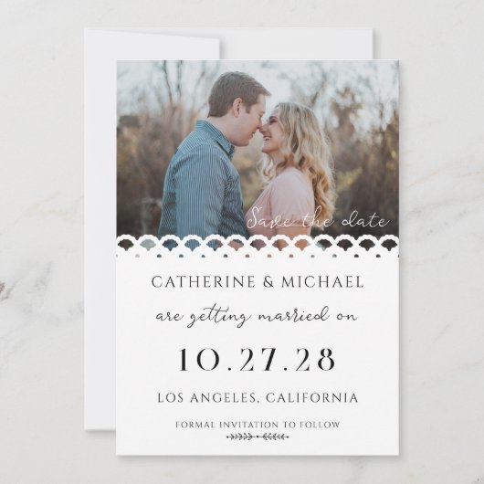 Modern Elegant Wit Kant Foto Bruiloft Save The Date (Voorkant)