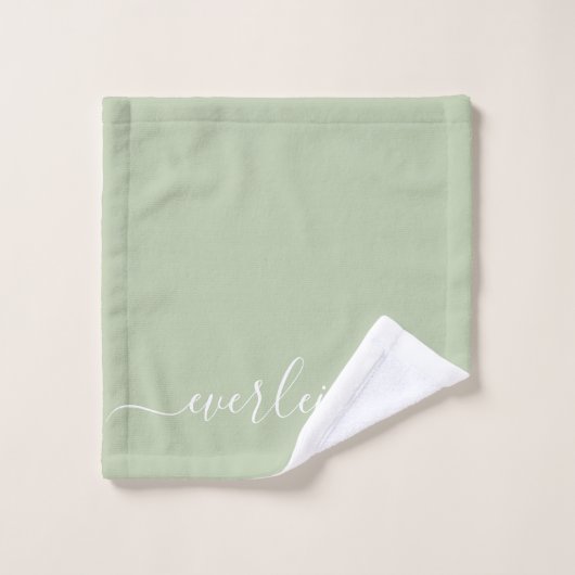 Modern Elegant Wit Script Naam Sage Groen Bad Handdoek (Wasdoekje)