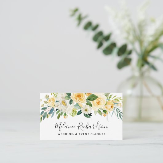 Modern Elegant Yellow Floral Greenery Visitekaartje (Staand voorkant)
