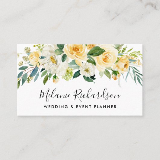Modern Elegant Yellow Floral Greenery Visitekaartje (Voorkant)
