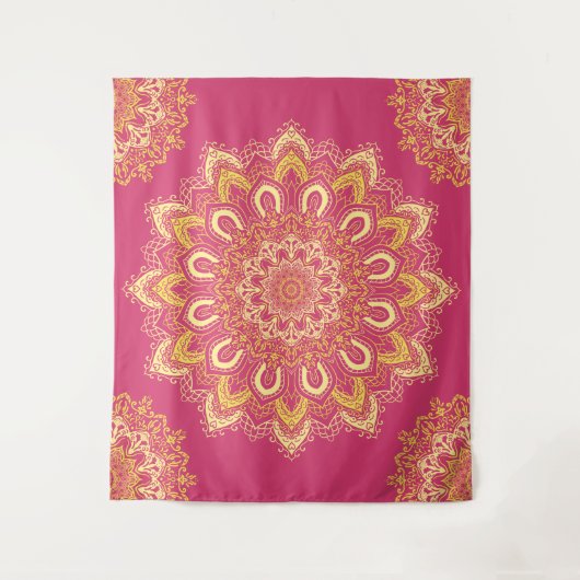 Modern Elegant Yellow Raspberry Pink Boho Mandala Wandkleed (Voorkant)