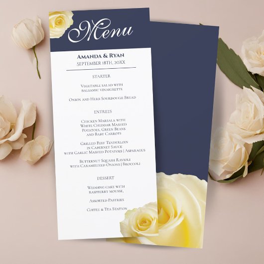 Modern Elegant Yellow Rose Floral Wedding Menu