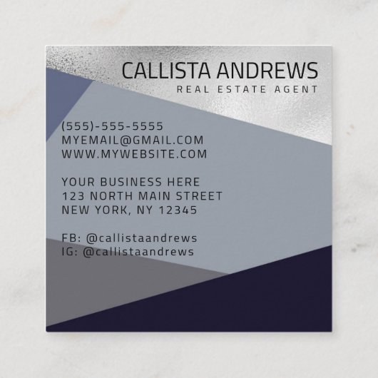 Modern Elegant Zilver Dusty Navy Blauw Geometrisch Vierkante Visitekaartje (Achterkant)