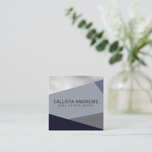 Modern Elegant Zilver Dusty Navy Blauw Geometrisch Vierkante Visitekaartje (Staand voorkant)