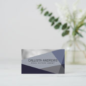 Modern Elegant Zilver Dusty Navy Blauw Geometrisch Visitekaartje (Staand voorkant)