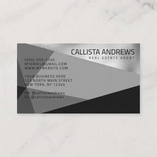 Modern Elegant Zilver Zwart Grijs Geometrisch Visitekaartje (Achterkant)