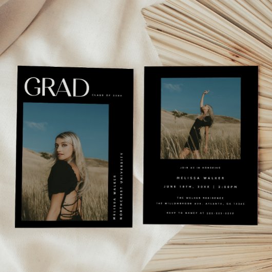 Modern Elegant Zwart 2-foto Graduation Party Kaart