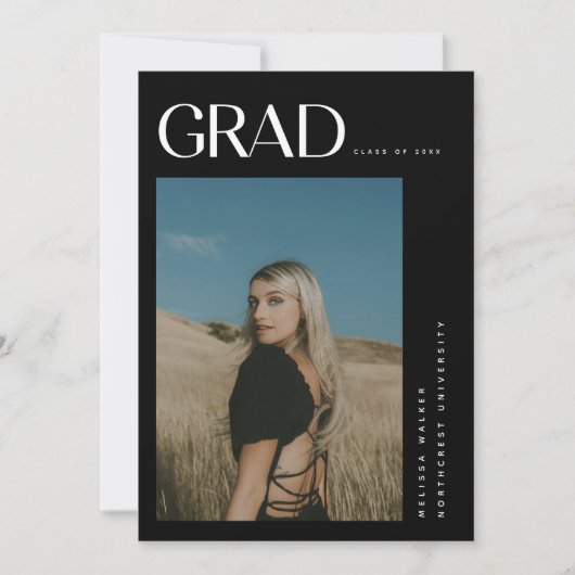 Modern Elegant Zwart 2-foto Graduation Party Kaart (Voorkant)