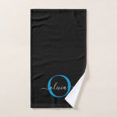 Modern Elegant Zwart Blauw Monogram Script Naam Bad Handdoek (Handdoek)