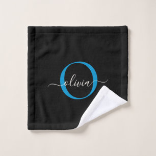 Modern Elegant Zwart Blauw Monogram Script Naam Bad Handdoek