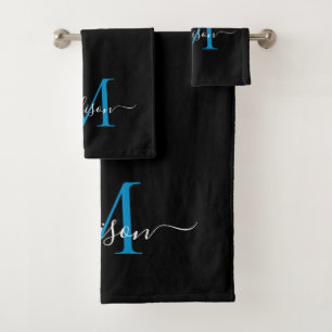 Modern Elegant Zwart Blauw Monogram Script Naam Bad Handdoek