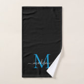 Modern Elegant Zwart Blauw Monogram Script Naam Bad Handdoek (Handdoek)