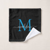 Modern Elegant Zwart Blauw Monogram Script Naam Bad Handdoek (Wasdoekje)