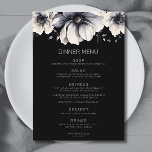 Modern Elegant Zwart Bloemen Bruiloft Menu