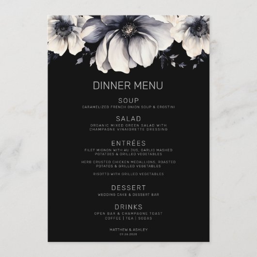 Modern Elegant Zwart Bloemen Bruiloft Menu (Voorkant)