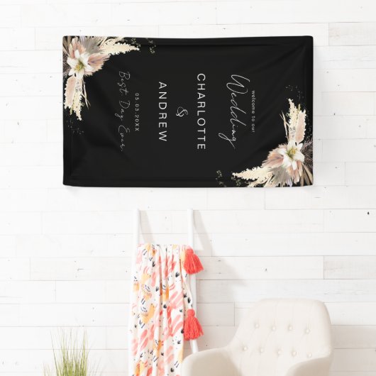 Modern, elegant, zwart boho bruiloft spandoek (Insitu)