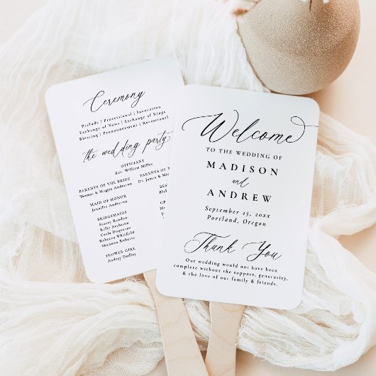 Modern Elegant Zwart Calligrafie Huwelijksprogramm Handwaaier
