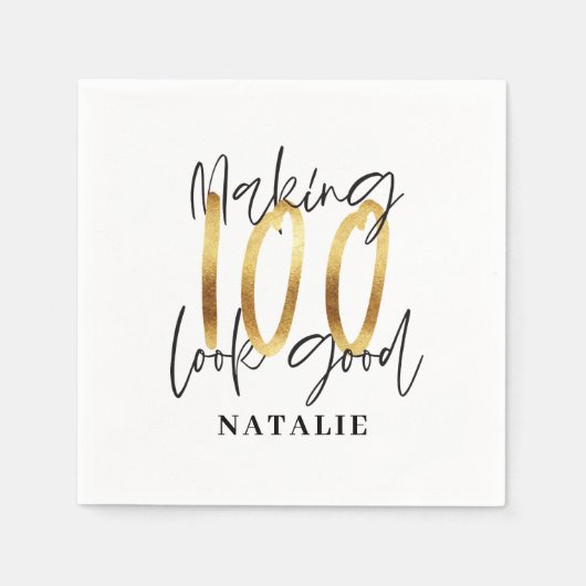 Modern elegant zwart en goud 100e verjaardagsfeest servet (Voorkant)