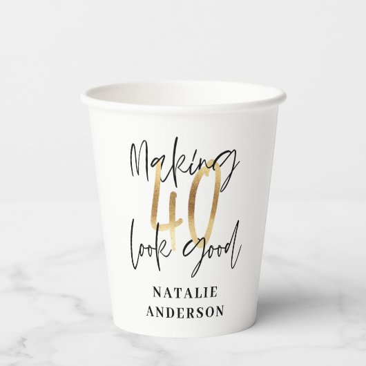 modern elegant zwart en goud 40e verjaardag papieren bekers (Achterkant)