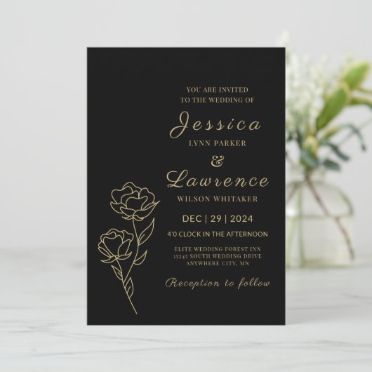 Modern Elegant zwart en goud Bloemen bruiloft Kaart (Staand voorkant)