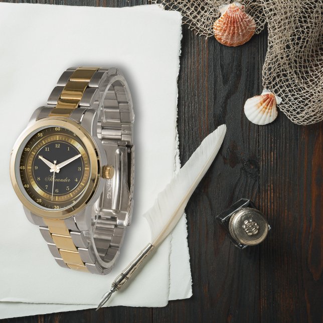 Modern Elegant Zwart en Goud Custom Name Two Tone Horloge (Creator heeft geüpload)