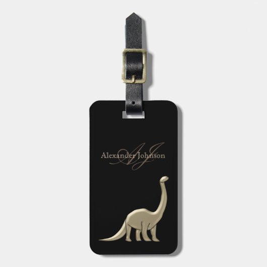 Modern Elegant Zwart en Goud Dinosaur Monogram Bagagelabel (Voorkant verticaal)
