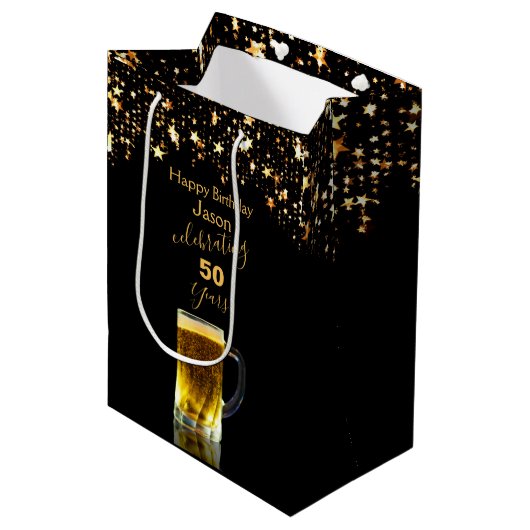 Modern Elegant Zwart en Goud Glitter Medium Cadeauzakje (Voorkant Gekanteld)