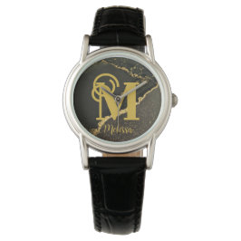 Modern Elegant Zwart en Goud Monogram naam Horloge